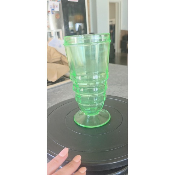 Green  7.5  Inch Vaseline Uranium Depression Glass Footed Soda Ice Crea tumbler - Picture 1 of 9